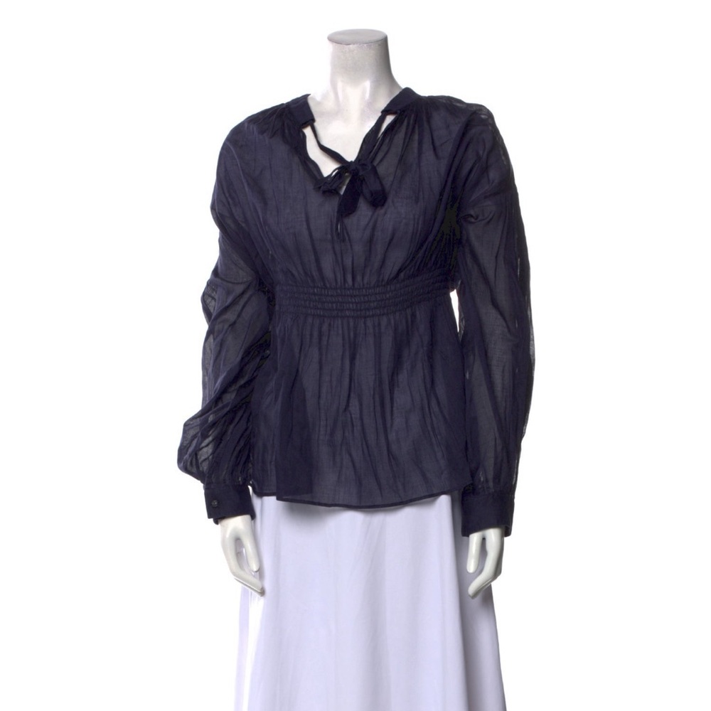 Chanel 2011 navy blue sheer light tie neck blouse 42 M